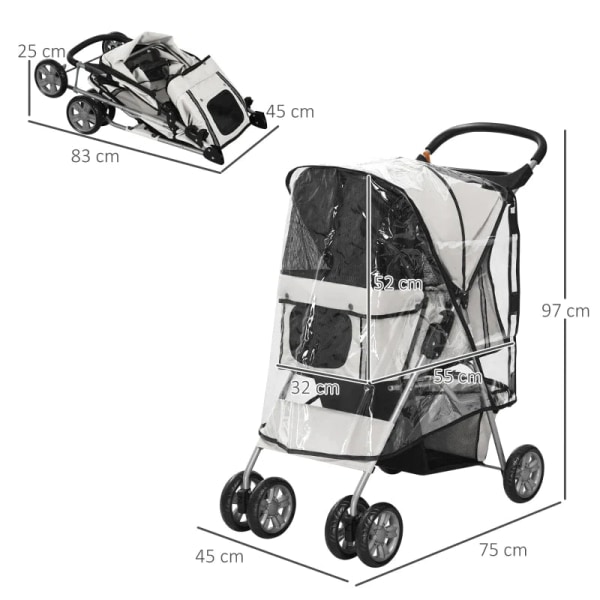Rootz Foldable Pet Buggy - Hund Buggy - med 1 korg - 2 mugghållare - Grå - 75cm x 45cm x 97cm