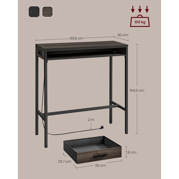 Rootz Barbord med laddstation - Högt bord - Skrivbord - Askbrunt - Spånskiva, stål - 40cm x 99,8cm x 104,6cm
