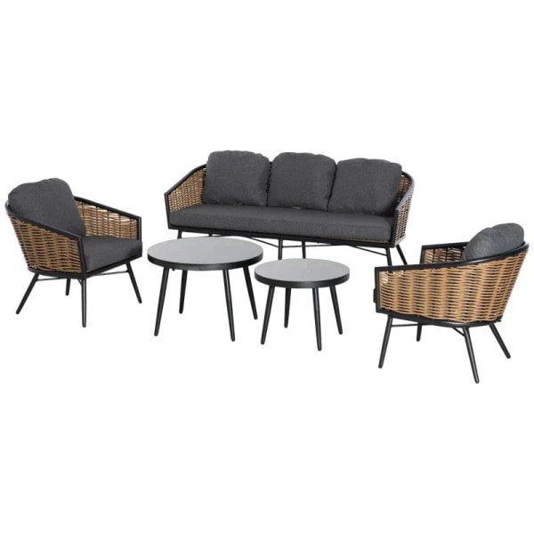 Rootz Soffset - Rattan Look 5 delar soffset - Möbelset - Modernt soffset - Med två sidobord - Grå/Naturlig/Svart