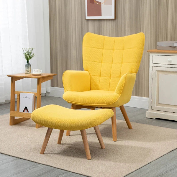 Rootz Accent Chair - Scandi Design - Med osmannisk - Lænestolesæt - Home Decor Stol - Bøgetræ - Cord Look - Gul - 72L x 80W x 99H cm