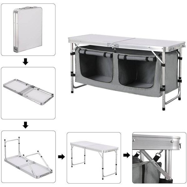 Rootz justerbart campingbord - Bärbart hopfällbart bord - Utomhusmatbord - Justerbart i höjdled, integrerad förvaring, enkelt underhåll - 47 cm x (62