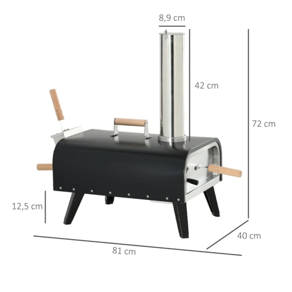 Rootz-pizzauuni - Puulämmitteinen uuni - 1 pizzakuori - Säänkestävä - 1 pizzakivi - Liukumattomat matot - Ruostumaton teräs - Musta - 81 x 40 x 72 cm