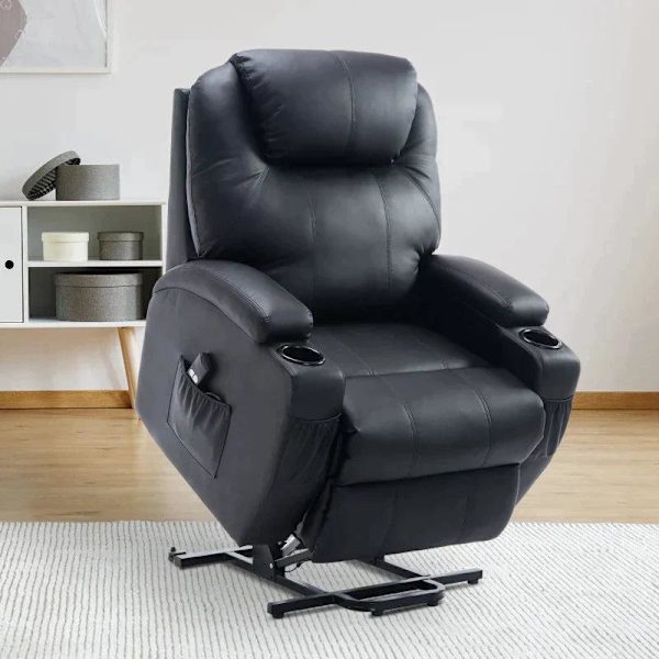 Rootz ståstol - TV-lænestol - Hvilestol - Justerbar vinkel - Fjernbetjening - Imiteret læder - Metalstel - Sort - 84 x 92 x 109 cm