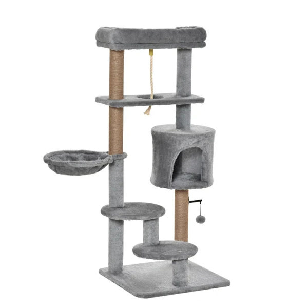 Rootz Kradsestolpe - Kattetræ - 1 Kattehule - Katteseng - 1 hængekøje - Inklusiv legetøj - Spånplade - Lysegrå - 48cm x 48cm x 120cm