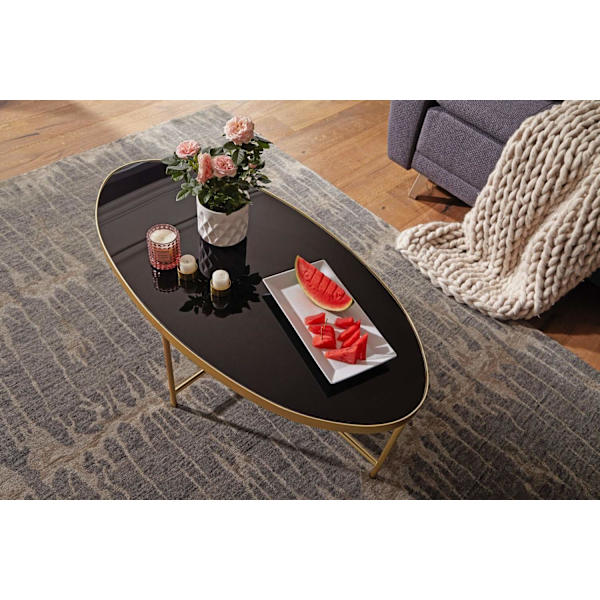 Rootz design soffbord glas svart - ovalt 110 x 56 cm med guldmetall - Stort vardagsrumsbord Loungebord glasbord
