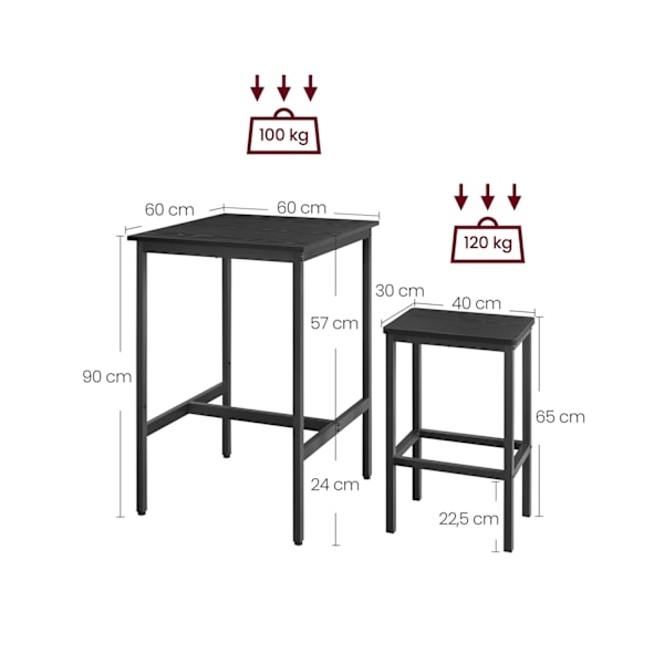 Rootz Bar Bordsæt - Bistro Bordsæt - Pubbord og stole - Spånplader og stål - 60cm x 60cm x 90cm - 30cm x 40cm x 65cm - 19,1kg