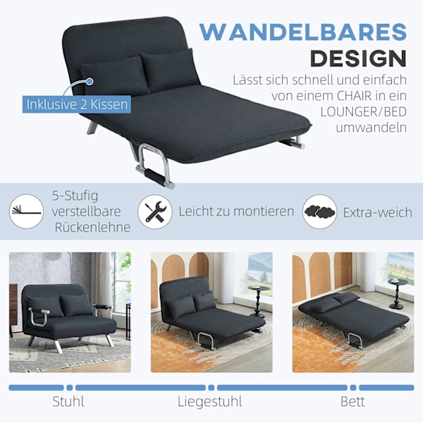 ROOTZ 2 -SEATER SOFA BED - KONVERTIBELSE SOCIE - SLEEPER SOFA - 5 -vejs justerbar komfort - 111x80x78 cm - sort efterligning, stålramme, puder inklude