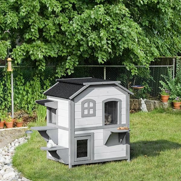 Rootz Cat House - 2-vånings - Väderbeständig - Väderbeständig - Skjutfönster - Massiv träram - Vit + Grå - 123L x 63W x 112H cm