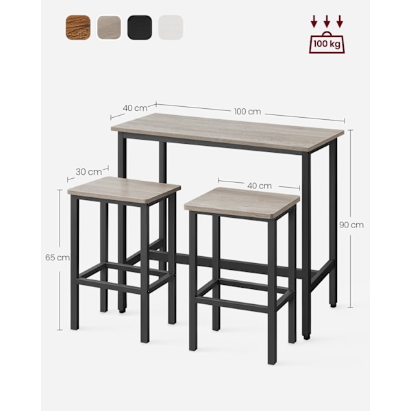 Rootz 3-delade barbordsset - Pubbord - Counter Height Bord - Spånskiva och stål - Greige fläckigt bläck Svart - 100 cm x 40 cm x 90 cm - 40 cm x 30 cm