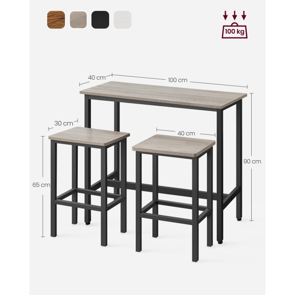 Rootz 3-osainen baaripöytäsetti - Pub-pöytä - Tason korkeuspöytä - Lastulevy ja teräs - Greige kirjava muste - 100 cm x 40 cm x 90 cm - 40 cm x 30 cm