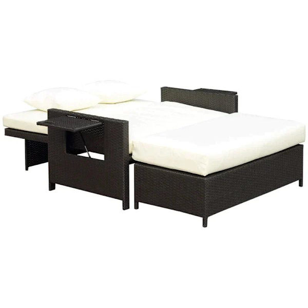 Rootz Poly Rattan Lounge Sohva - Puutarhasohva - Aurinkotuoli - 2-paikkainen - Tyyny - Jakkara - Ruskea