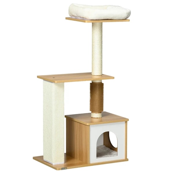 Rootz Kradsestolpe - Kattetræ - Kattehule - 1 Kattehule - 1 liggeflade - Brun + Hvid - 59,5 cm x 39,5 cm x 114 cm
