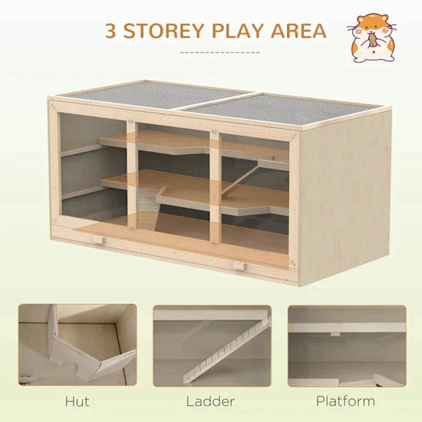 Rootz hamsterbur - Syrisk hamster - Musråttor - Möss Gnagare - Smådjur Hutch - Naturlig träfärg - 115Lx60Wx58H cm