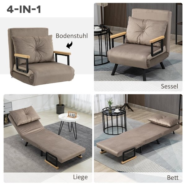 Rootz sovestol - Cabriolet sovesofa - Justerbart ryglæn - Robust stålstel - Plys polstring - Lysebrun - 63W x 73D x 81H cm