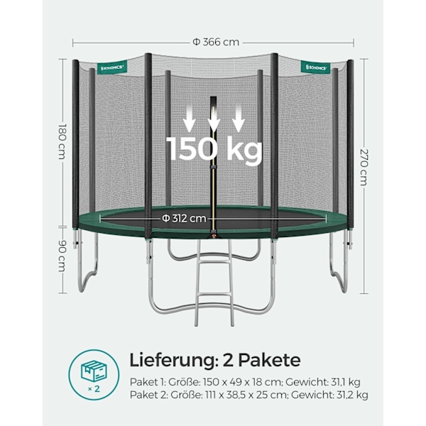 Rootz 366cm Trampolin - Havetrampolin - Udendørs Trampolin - Galvaniseret stålramme - Sikkerhedsnet - EPE skumpolstring - 366cm x 90cm - Sort-grøn