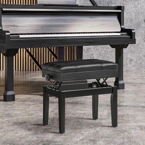 Rootz klaverbænk - Elegant design - Skjult - Sortmalet træ - Opbevaringsskammel - Justerbar sædehøjde - Kunstlæder - Sort - 63L x 35W x 46-56H cm