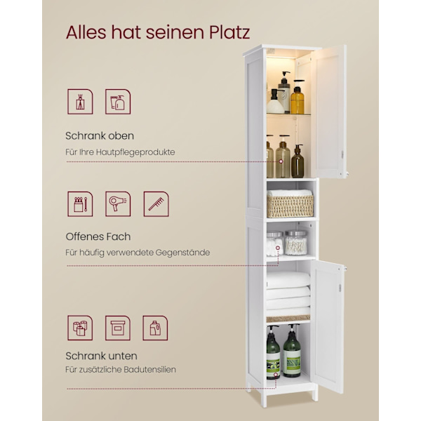 Rootz Badeværelsesskab - Opbevaringsorganisator - Højskab - MDF - Cloud White - 30cm x 30cm x 170cm - Justerbare hylder - Anti-Tip - 60 kg Kapacitet