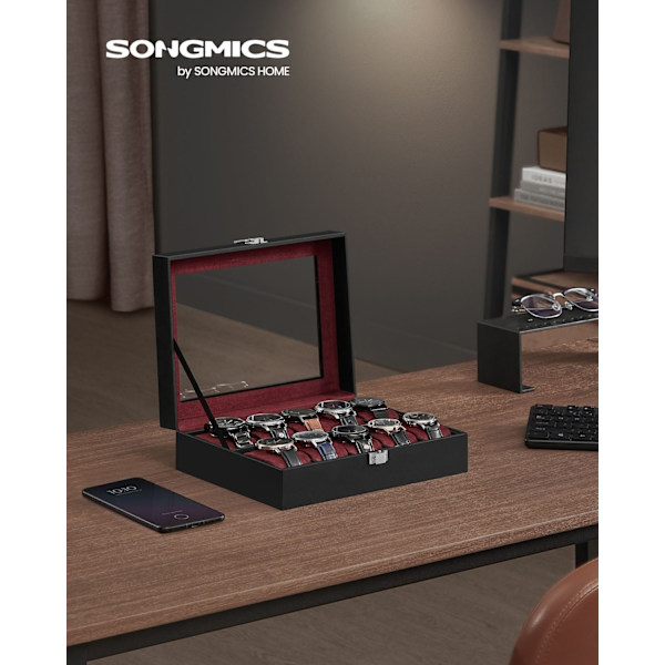 Rootz Watch Box - Musta PU-kansi - Viininpunainen samettivuori - MDF-materiaali - Lasikansi - 20,2 cm x 25,5 cm x 7,8 cm - 0,9 kg