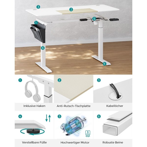 Rootz Electric Seisomapöytä - Valkoinen seisomapöytä - Säädettävä työpöytä - Lastulevyteräspöytä - 60cm x 140cm x (72-120)cm - Ylikuumenemissuoja - Ma