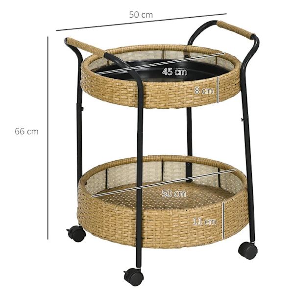 Rootz udendørs serveringsvogn - 2 niveaus bremser - polyrattan - metalramme - stål-PE rattan - gul-sort - Φ50 x 66H cm