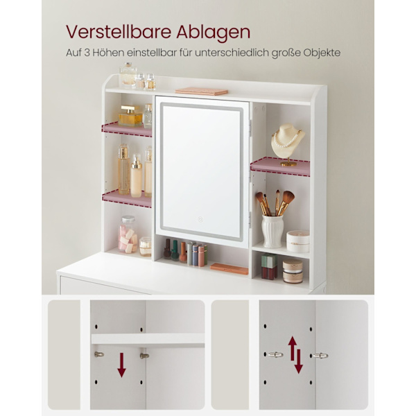 Rootz White Toiletbord - Spånplader - Makeup Skrivebord - Opbevaringsorganer - 40 cm x 90 cm x 144,7 cm - 31,6 kg - 100 kg Belastningskapacitet