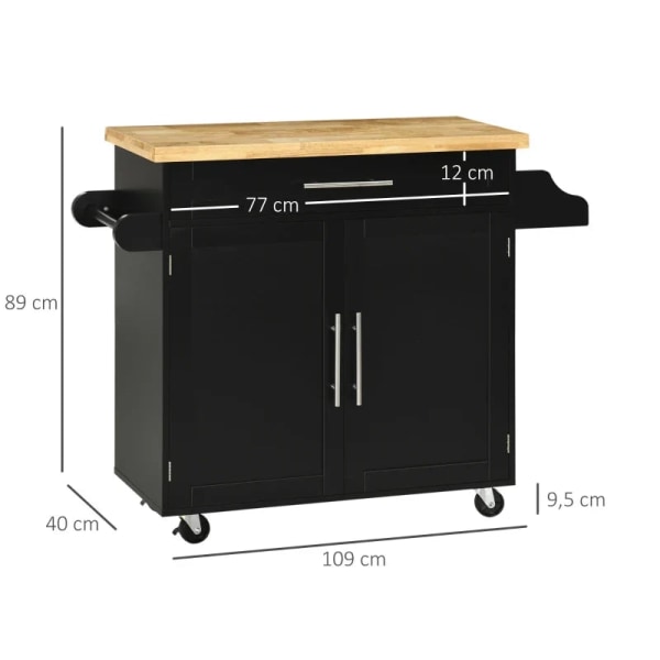 Rootz Køkkenvogn - Køkkenø - Serveringsvogn - 1 krydderihylde - 1 håndklædeholder - Gummitræ - Sort - 109L x 40W x 89H cm