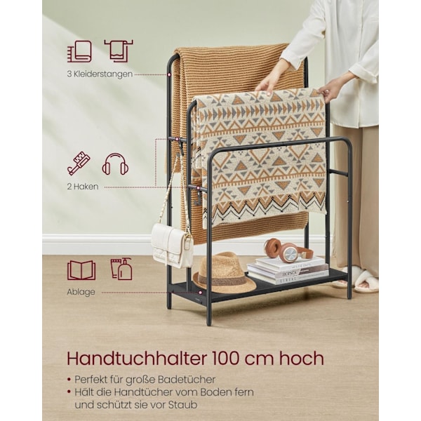 Rootz håndklædestativ med 3 stænger - Badeværelsesorganisering - Håndklædeholder - Metal og spånplade - 70 cm x 30 cm x 100 cm - Blæk Sort-Ibenholt So