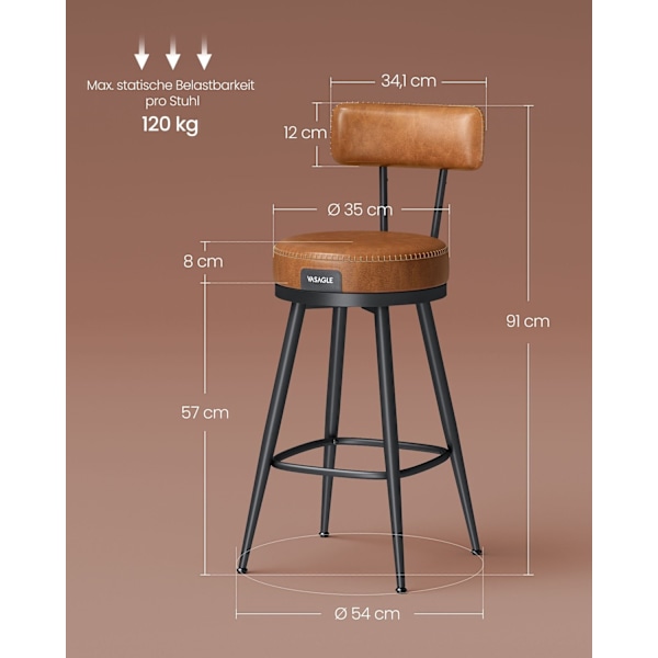 Rootz Set med 2 karamellbruna barstolar - Hög pall - Kökspall - PU-läder - 54cm x 54cm x 91cm (D x B x H)