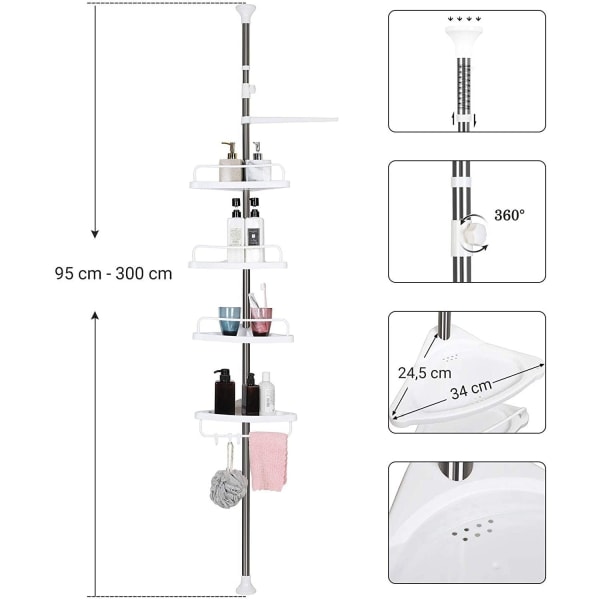 Rootz Duschställ - Duschhylla - Badrumshylla - Justerbar höjd - Hörn - 95-300 cm - Rostfritt stål - 4 nivåer - 3 krokar - Vit-Silver