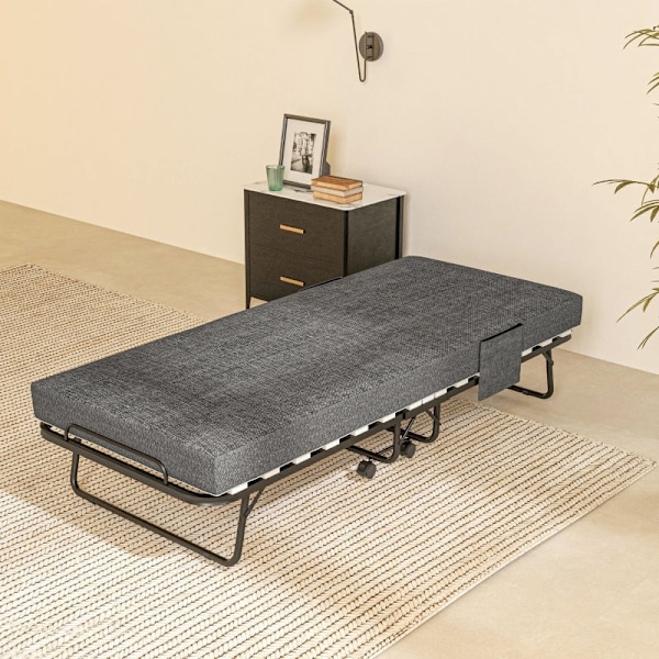 Rootz hopfällbar gästsäng - Campingsäng - Bärbar sovplats - Madrass med linnelook - Stålram - 190cm x 80cm x 42cm