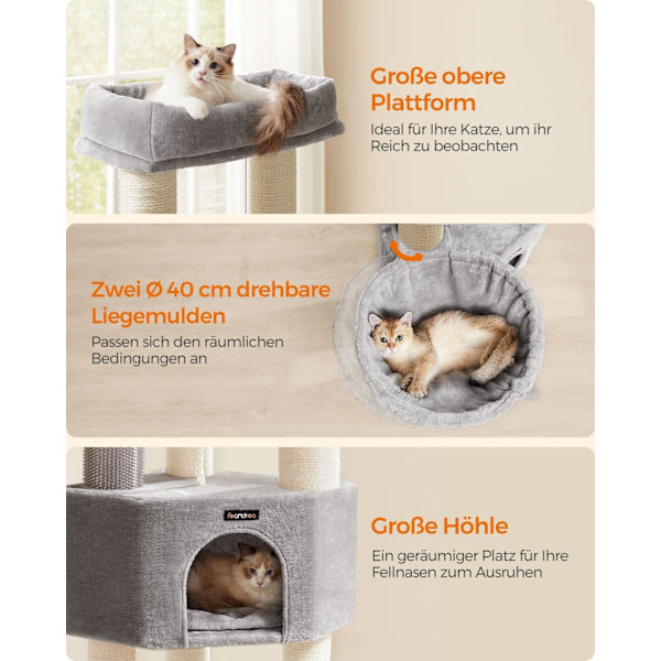 Rootz Cat Skrapstolpe - Kattträd - Kattklätterställning - Spånskivakonstruktion - Plyschöverdrag - Sisalrep - 50cm x 50cm x 160cm - Dove Grey-Cream Wh