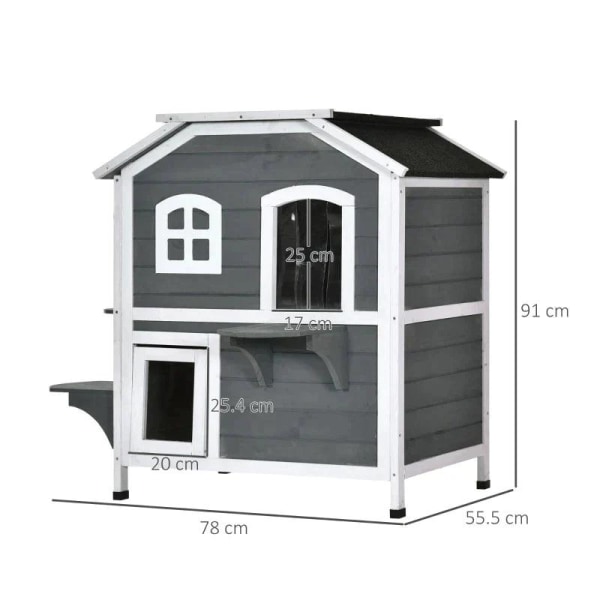 Rootz Cat House - Cat Hut - 2-story Cat Mansion - Waterproof Cat House - Asphalt Roof - Fir Wood - Grey - 78 x 55.5 x 91 cm