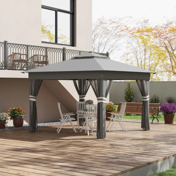 Rootz Trädgårdstält - Gazebo - Soldrivet - Markspetsar - Bärväska - LED-trädgårdstält - Stål - Oxfordtyg - Grå - 336 Cm X 336 Cm X 270 Cm