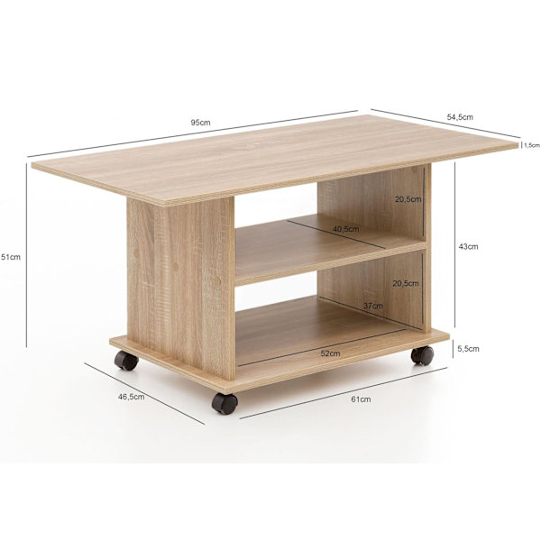 Rootz Design sofabord 95 x 51 x 54,5 cm Sonoma drejeligt med hjul - Sofabord Sofabord - Sofabord Loungebord - Sofabord med opbevaringsplads