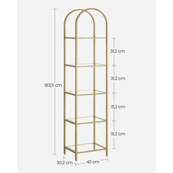 Rootz 5-vånings metallic guld Transparent glashylla - Displayställ - Förvaringsställ - Härdat glas - Stålram - 30,2 cm x 40 cm x 183,5 cm - Lättvikt -
