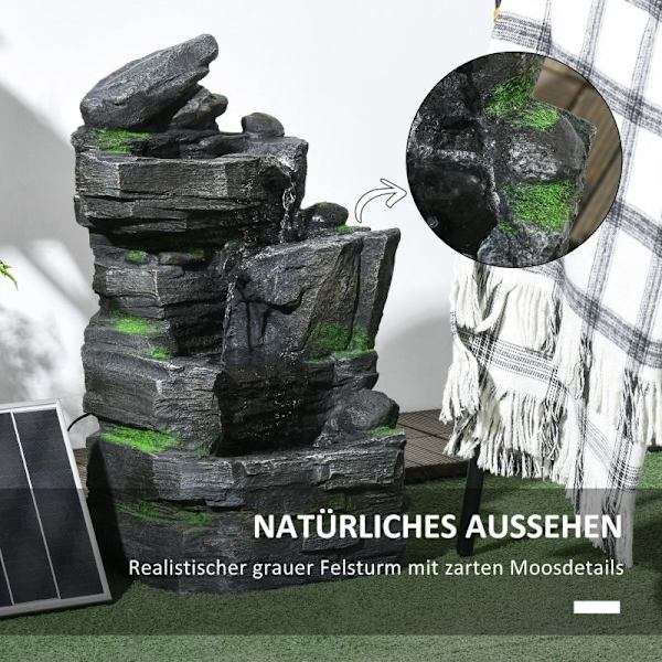 Rootz Garden Fountain - Stone Look - Vesiominaisuus - Aurinkovoimalla toimiva - LED-valot - 34 cm x 28 cm x 57 cm - Hartsi - Harmaa/ruskea