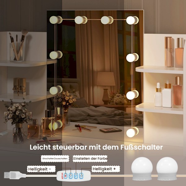 Rootz White Sminkbord med pall - Sminkbord - Skönhetsskrivbord - Justerbar LED-belysning - Gott om förvaring - Hållbar konstruktion - 108cm x 142cm x