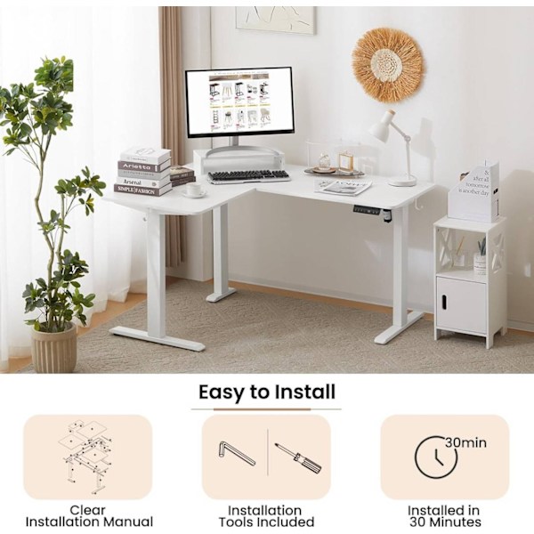 Rootz Højdejusterbart hjørneskrivebord - Stå-Sit-bord - Elektrisk ståbord - L-formet bordplade - Stille og stabilt - 140/120 cm x 60 cm - E1 træmateri