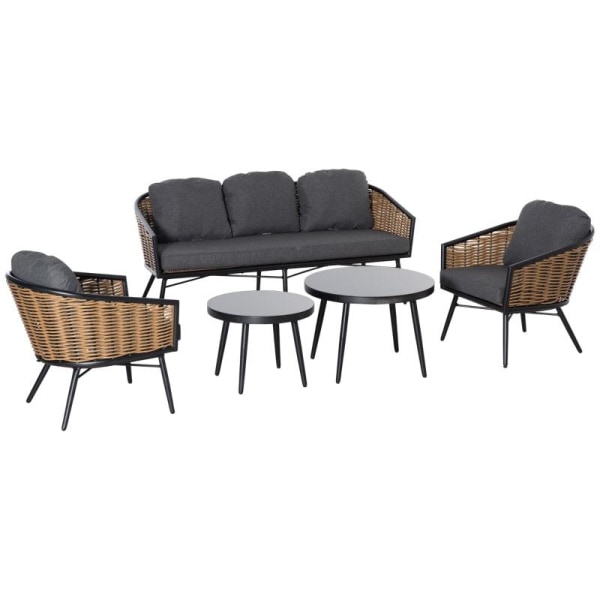 Rootz Soffset - Rattan Look 5 delar soffset - Möbelset - Modernt soffset - Med två sidobord - Grå/Naturlig/Svart
