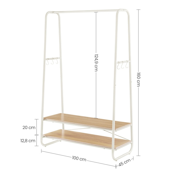 Rootz Oak Cream White -vaateteline - Vaatekaapin järjestäjä - Vaateteline - Lastulevy ja teräs - 45 cm x 100 cm x 160 cm - Raskas - Helppo koota - Suu