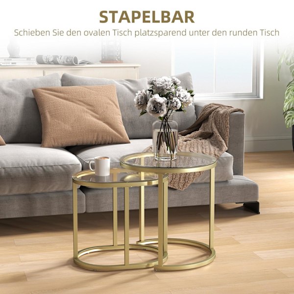 Rootz 2 -stykke sæt sofabord - oval & rund sofabord - Stabelbart borde - Rumbesparende design - Ø50 x 50,5 timer, 60L x 36b x 43,5 timer cm