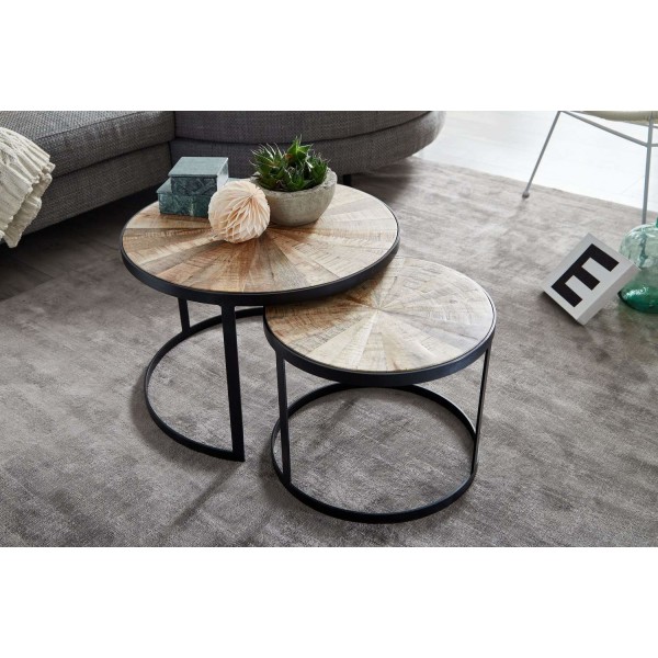 Rootz design soffbordsset med 2 st mango massivt trä häckbord runda - Soffbord med metallben brunt - Bordsunderlägg 2-delat häckbord i trä - metall sv