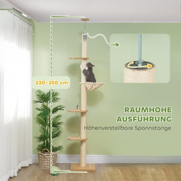 Rootz golv-till-tak kattträd - Katttorn - Skrapstolpe - Justerbar höjd - Trämaterial - 40cm x 40cm x 230-250cm