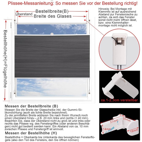 Rootz dubbelplisserad persienn - Aluminiumbelagd - Kedjefri drivning - Bullerreducering - 60-110 cm x 120/130 cm - Mörkgrå-Vit - Lätt att installera