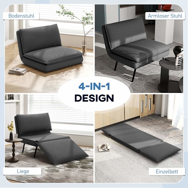 Rootz Sofa Bed - Justerbar ryglæn - Åndbart stof - Integreret nakkestøtte - 76L x 75W x 56H cm (gulvstol) - Grå