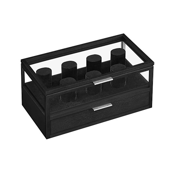 Rootz Watch Box Organizer - Smyckesförvaringsfodral - Displaystativ i trä - Konstruktion i massivt trä - Akryllock - MDF-interiör - 18 cm x 35,2 cm x