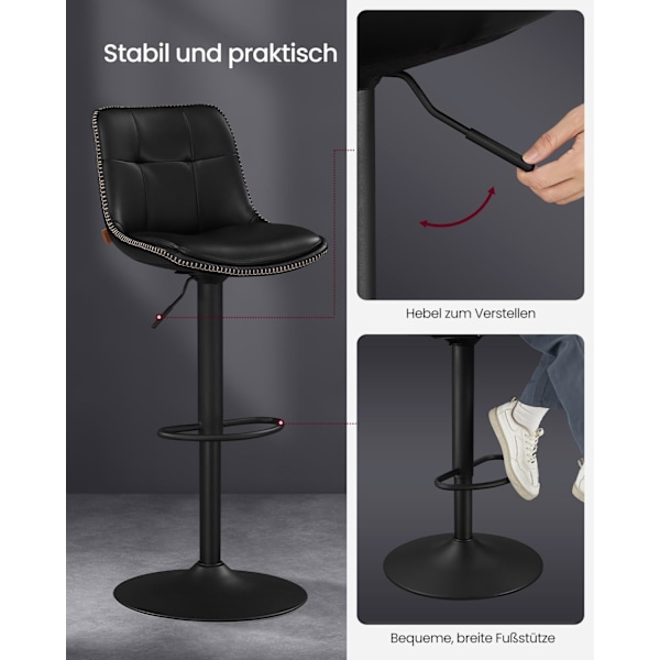 Rootz 2-delt sæt barstole - Køkkenskamler - Stole i modhøjde - PU-materiale - Forkromet stål - Skumpolstring - 44 cm x 48 cm x (90-112) cm - Blæk sort
