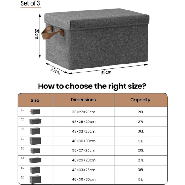 Rootz 3-delad förvaringslåda med lock - Organiseringsfack i tyg - Hopfällbar design - Material som andas - 20L/27L/36L/51L - Multifunktionell - 1x 20L