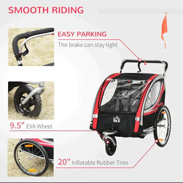 Rootz Cykelvagn för barn - 2 i 1 barnvagn - Cykelsläp för barn - 2-sits transporthållare - Med dragkoppling - Röd/Svart - 142 x 75 x 101 cm