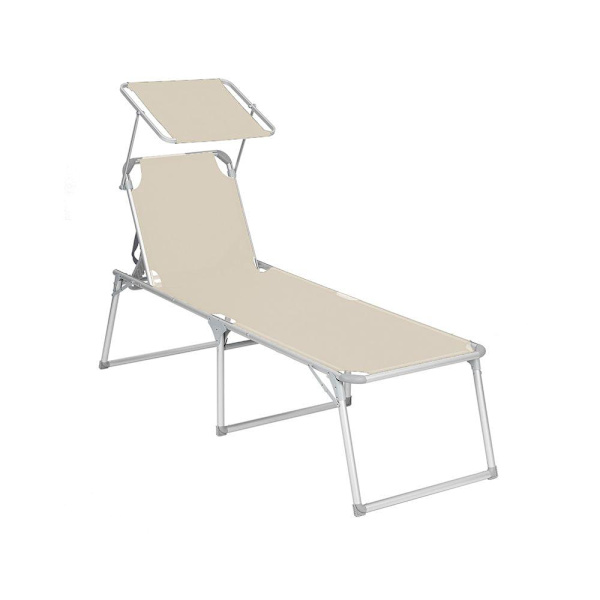 Rootz Solstol - Utomhussolstol - Fällbar solstol - Justerbar solstol - Trädgårdssolstol - Med Dyna Och Tak - Beige - 65 x 200 x 48 cm